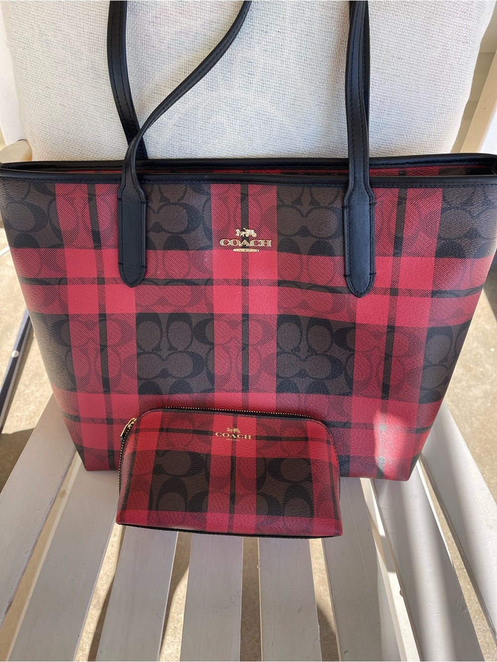 Coach Red and Black Signature Plaid Tote with Pouch